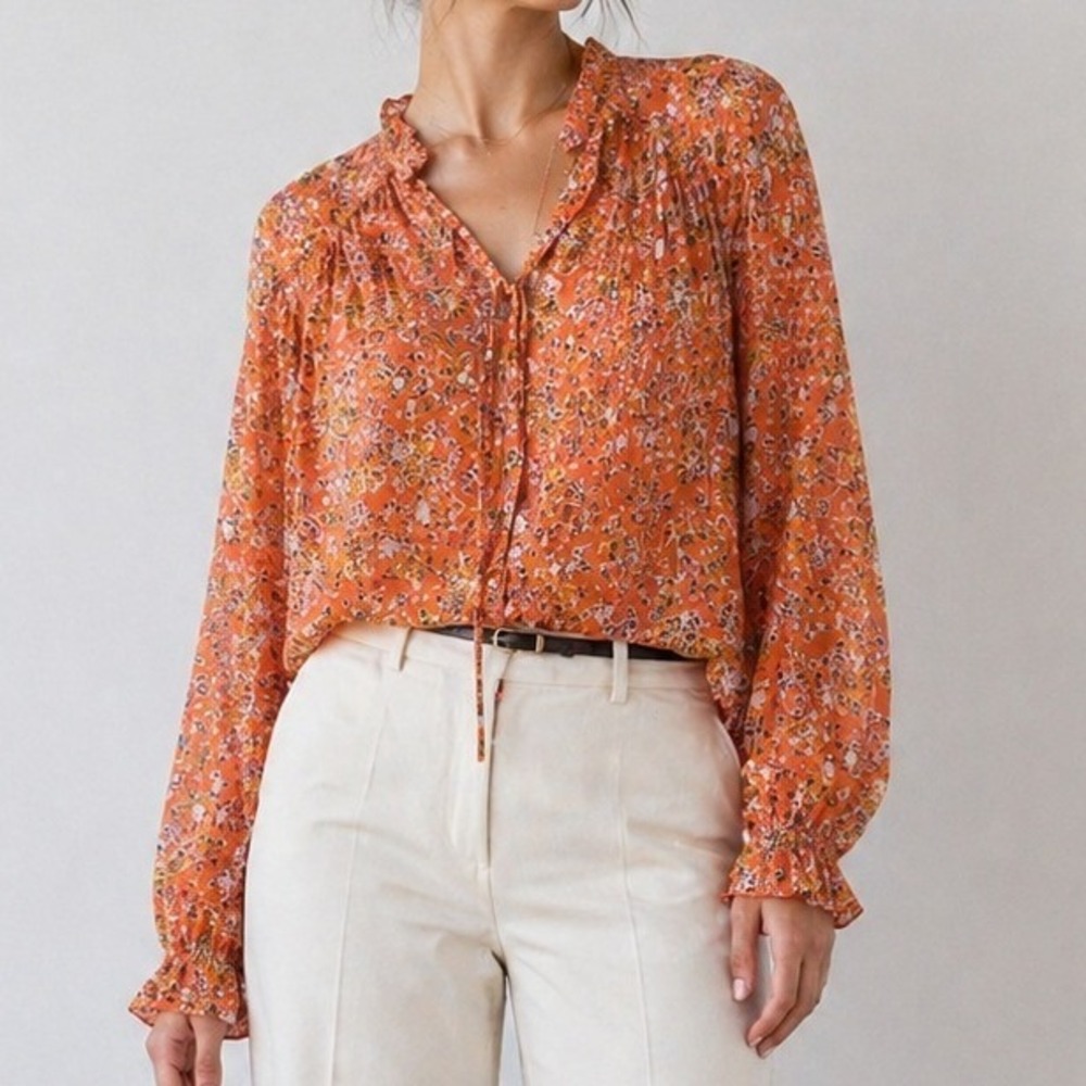 Free People Orange Floral Smocked High Neck Button Front Blouse Top Womens Small